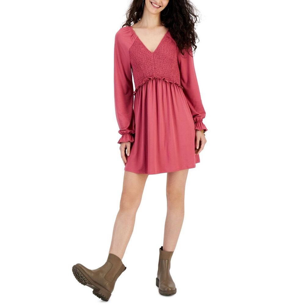 Love Fire Womens Long Sleeve Smocked Baby Doll Dress, Style # Myfdkb347 - Medium